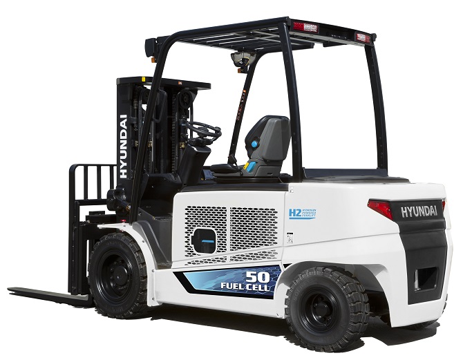 This photo provided by Hyundai Construction Equipment Co. on Aug. 17, 2021, shows a 5-ton forklift powered by hydrogen fuel cells, which was developed by the company in 2020.