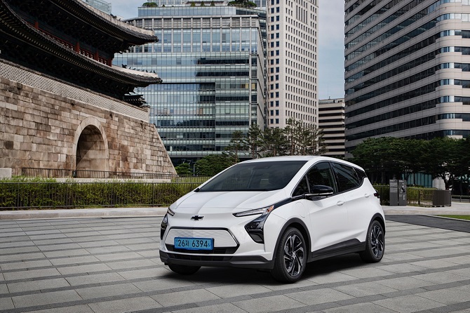 The new Chevy Bolt EV is seen in this file photo provided by GM Korea on Aug. 11, 2021.