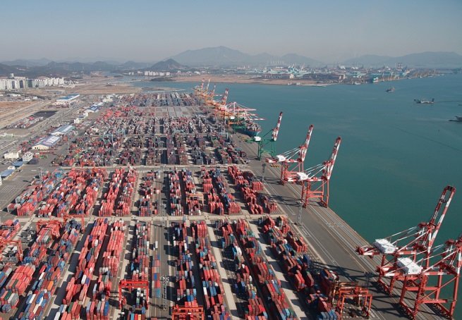 Cargo containers are stacked at a port in the southern industrial city of Gwangyang in this photo provided by the Yeosu-Gwangyang Port Authority.