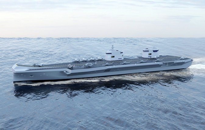 This image provided by Hyundai Heavy Industries Co. on Sept. 1, 2021, shows an aircraft carrier model proposed by the shipbuilder.
