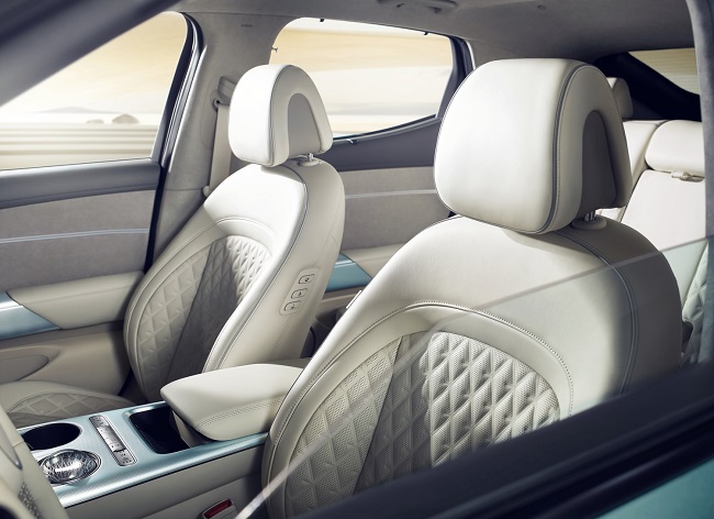 This file photo offered by Hyundai shows the front seats and the center console of the electric GV60 SUV.