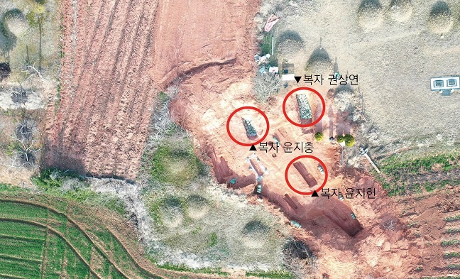 This image, provided by the Diocese of Jeonju, shows the locations where the remains of three Korean Catholic martyrs were recovered in Wanju in March.