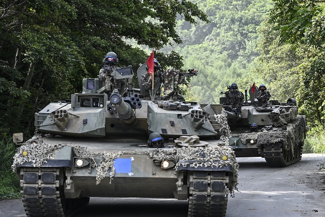 This file photo, taken Aug. 19, 2021, shows military vehicles during Army training in the northeastern county of Inje. (Yonhap)