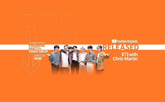 This image, provided by YouTube, shows a promotional image for an episode of YouTube show "RELEASED," featuring BTS and Chris Martin.