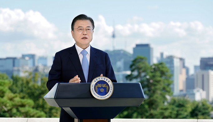 In this photo provided by Cheong Wa Dae on Sept. 7, 2021, President Moon Jae-in delivers a speech to mark the second U.N.-designated International Day of Clean Air for blue skies.