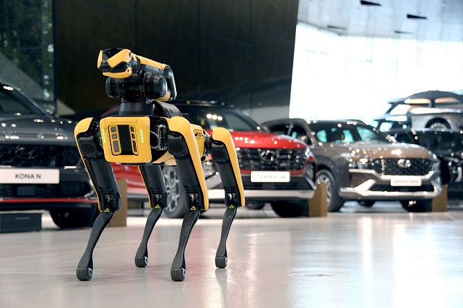 This photo, provided by Hyundai Motor Group, shows Spot, an agile mobile robot of Boston Dynamics, which the South Korean carmaker has taken over. Hyundai said on Sept. 10, 2021, that it is seeking ways to utilize the robot in facility inspections and security.