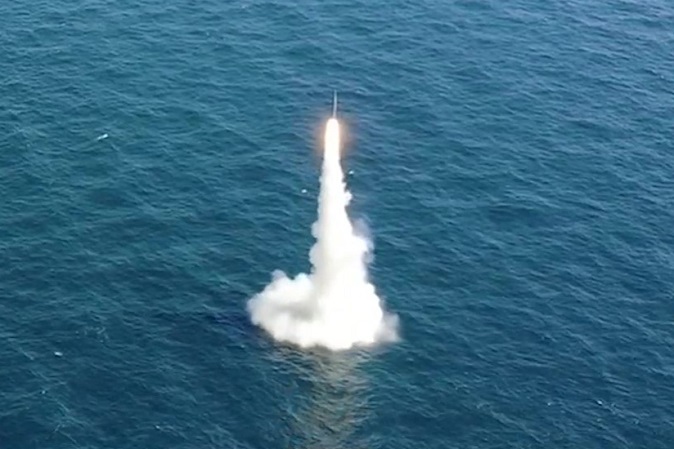 South Korea's indigenous submarine-launched ballistic missile (SLBM) is test-fired from the Navy's 3,000-ton-class Dosan Ahn Chang-ho submarine at the ADD Anheung Test Center in South Chungcheong Province on Sept. 15, 2021, in this photo provided by the Ministry of National Defense.