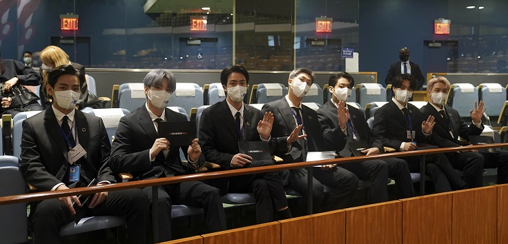 This photo shows BTS at the U.N. General Assembly Hall at U.N. headquarters in New York on Sept. 20, 2021. (Yonhap)