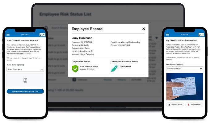 Employees can easily and securely enter their vaccination information and upload photo of vaccination card. Also allows employees to digitally carry their digital vaccination card at work or elsewhere.