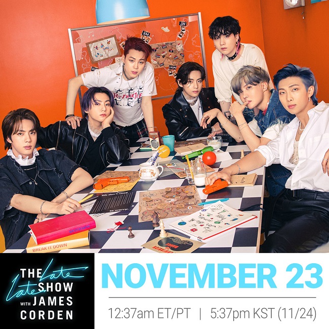 This promotional image provided by CBS shows BTS' appearance on "The Late Late Show with James Corden" on Nov. 23, 2021.