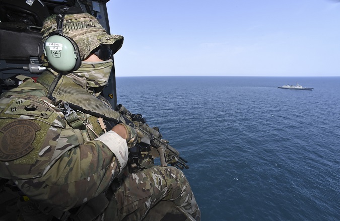 A Navy serviceman of South Korea's anti-piracy unit Cheonghae stands guard in this photo from the Navy on March 12, 2019. Cheonghae, which operates in the Gulf of Aden to ensure the safety of South Korean and foreign vessels, will mark its 10th founding anniversary on March 13.