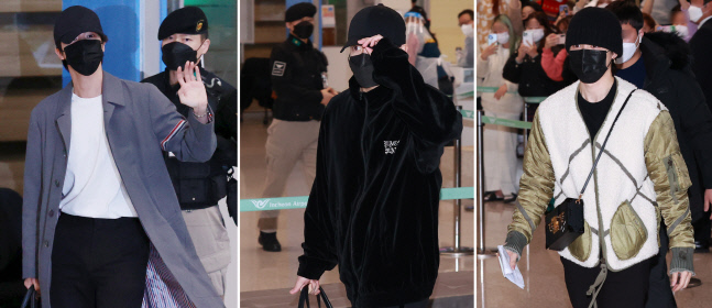 This composite photo shows three BTS members --Jin, Jungkook and Jimin (from left) -- arriving at Incheon International Airport from Los Angeles where it had its first in-person concerts in two years. (Yonhap)