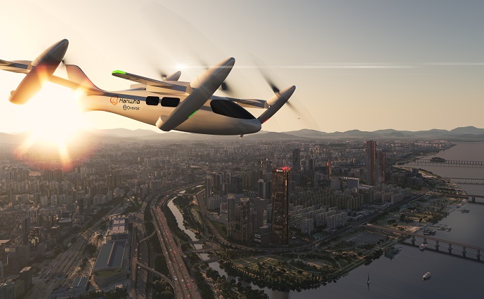 This image provided by Hanwha Group on June 14, 2022, shows a rendered model of Butterfly, an all-electric vertical take-off and landing (eVTOL) aircraft, or "flying taxi," under development by South Korea's Hanwha Systems Co. and U.S. eVTOL developer Overair Inc.