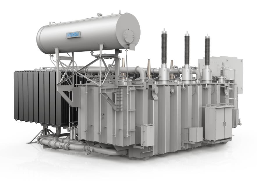 This image, provided by Hyundai Heavy Industries Group on Dec. 31, 2021, shows the 400kV 500 MVA ultrahigh pressure power transformer produced by its affiliate, Hyundai Electric & Energy Systems Co., and exported to the state-run Oman Electricity Transmission Co.