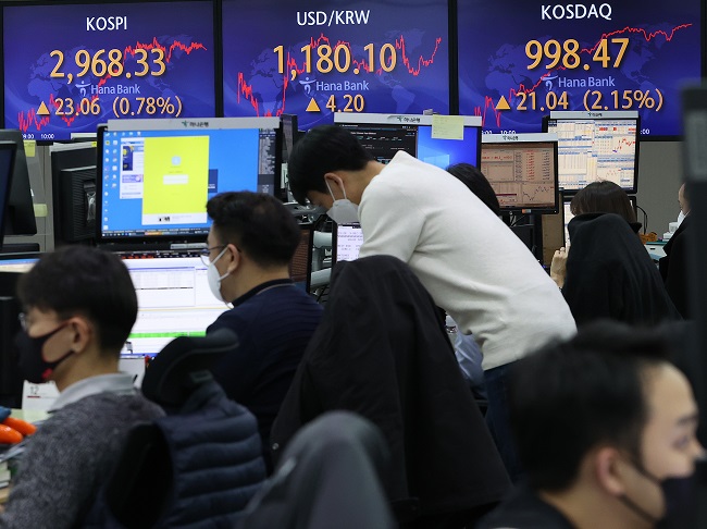 Electronic signboards at a Hana Bank dealing room in Seoul show the benchmark Korea Composite Stock Price Index (KOSPI) closed at 2,968.33 on Dec. 3, 2021, up 23.06 points or 0.78 percent from the previous session's close. (Yonhap)