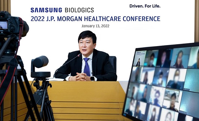 This photo, provided by Samsung Biologics Co., shows the company's chief, John Rim speaking during an online news conference at J.P. Morgan's annual healthcare conference on Jan. 13, 2022.