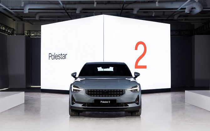 This file photo, taken Jan. 18, 2022, and provided by Polestar, shows the Polestar 2 all-electric car displayed at Dongdaemun Design Plaza in eastern Seoul.