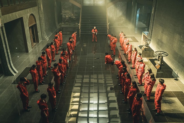 This image provided by Netflix shows a scene from "Money Heist: Korea - Joint Economic Area."