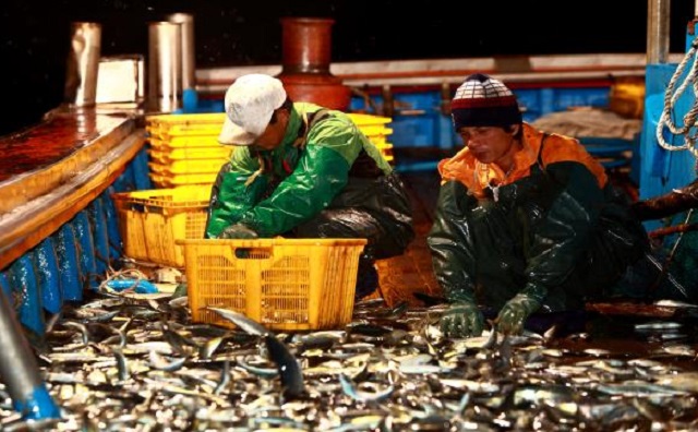 This undated photo, provided by South Korea's oceans ministry on Jan. 19, 2022, shows foreign crew members working on a South Korean fishing boat. 