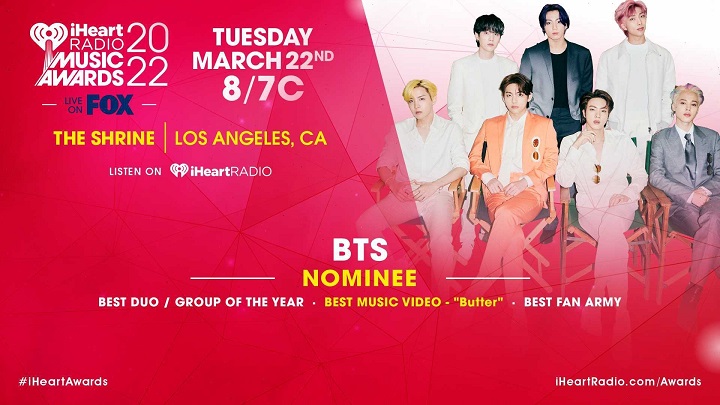 This image provided by iHeartRadio Music Awards shows South Korean boy group BTS was nominated for Best Duo/Group of the Year, Best Fan Army and Best Music Video at the 2022 iHeartRadio Music Awards.