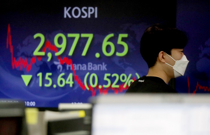 Electronic signboards at a Hana Bank dealing room in Seoul show that the benchmark Korea Composite Stock Price Index (KOSPI) closed at 2,977.65 on Dec. 30, 2021, the last day of stock trading for the year, down 15.64 points, or 0.52 percent, from the previous session. (Yonhap)