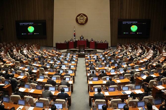 Lawmakers vote on a bill regarding union representation in public institutions' boards at a plenary session of the National Assembly on Jan. 11, 2022. (Pool photo) (Yonhap)