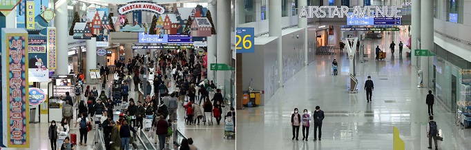 These composite file photos, taken Jan. 21, 2020 (L), and Jan. 21, 2022, show the duty-free shop area of the No. 1 Terminal at the Incheon International Airport to compare the number of passengers. (Yonhap)