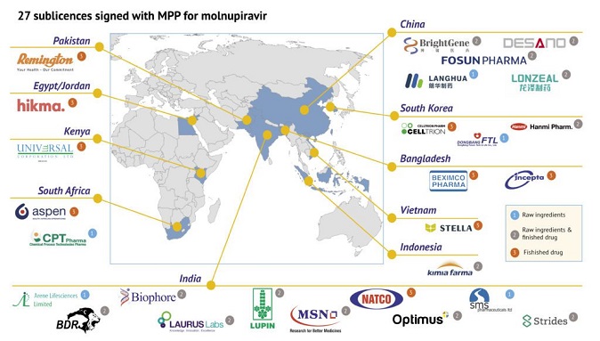 This image, downloaded from the website of the Medicines Patent Pool on Jan. 20, 2022, shows 27 pharmaceuticals chosen for the production of the low-cost version of the oral antiviral COVID-19 medication made by U.S. drugmaker MSD molnupiravir.