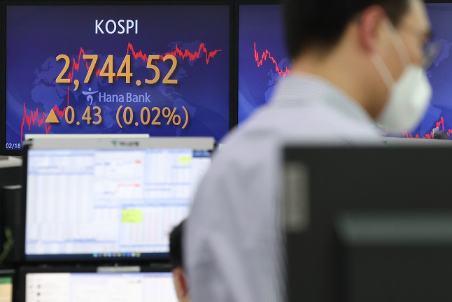Electronic signboards at a Hana Bank dealing room in Seoul show the benchmark Korea Composite Stock Price Index (KOSPI) closed at 2,744.52 points on Feb. 18, 2022, up 0.43 points or 0.02 percent from the previous session's close. (Yonhap)