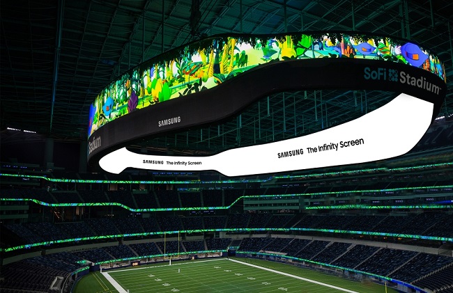 This photo provided by Samsung Electronics Co. on Feb. 11, 2022, shows its Infinity Screen installed at SoFi Stadium in August 2020.
