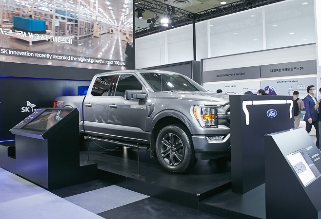 This photo, provided by SK On Co. on March 14, 2022, shows Ford's F-150 pickup truck, which runs on SK On's EV battery.