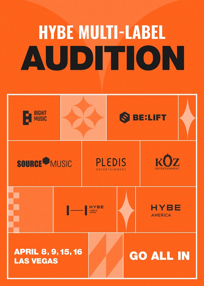 This photo provided by Hybe shows a promotional poster for Hybe Mult-label Audition, the first joint audition by seven music labels under Hybe. The audition is scheduled for April 8-9 and 15-16 in Las Vegas.