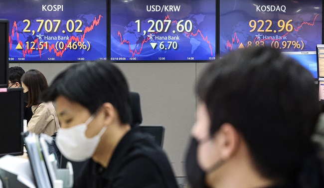 Electronic signboards at a Hana Bank dealing room in Seoul show the benchmark Korea Composite Stock Price Index (KOSPI) closed at 2,707.02 points on Marhc 18, up 12.51 points or 0.46 percent from the previous session's close. (Yonhap)