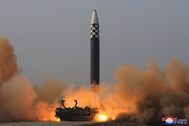 A Hwasong-17 intercontinental ballistic missile (ICBM) is launched from Pyongyang International Airport on March 24, 2022, in this photo released by North Korea's official Korean Central News Agency. (Yonhap)
