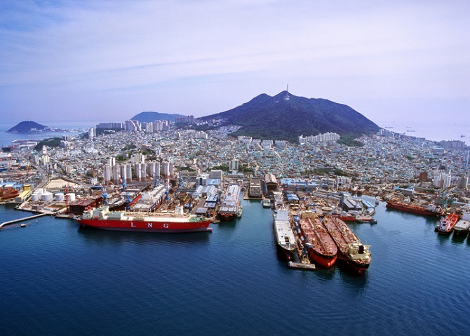 This photo provided by HJ Shipbuilding & Construction Co. shows its shipyard in Busan, southern port city of Korea.