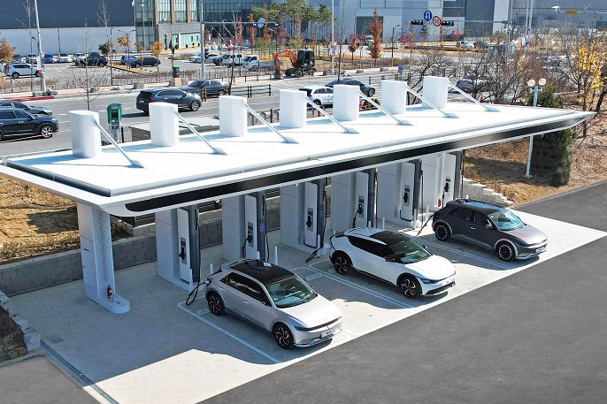 This file photo provided by Hyundai Motor Group shows its own charging station under the brand name of “E-pit.”