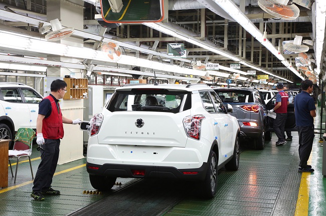 This photo provided by SsangYong Motor on April 14, 2022, shows an assembly line at its plant in Pyeongtaek, south of Seoul.