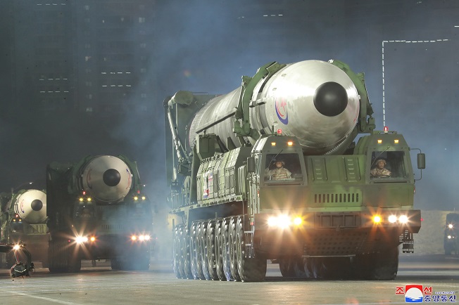 A new Hwasong-17 missile is displayed during a military parade at Kim Il-sung Square in Pyongyang on April 25, 2022, as North Korea marked the 90th anniversary of the founding of its army with North Korean leader Kim Jong-un in attendance, in this photo released the next day by the North's official Korean Central News Agency. (Yonhap)