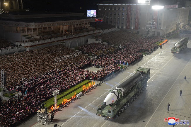 A new Hwasong-17 missile is displayed during a military parade at Kim Il-sung Square in Pyongyang on April 25, 2022, as North Korea marked the 90th anniversary of the founding of its army with North Korean leader Kim Jong-un in attendance, in this photo released the next day by the North's official Korean Central News Agency. (Yonhap)