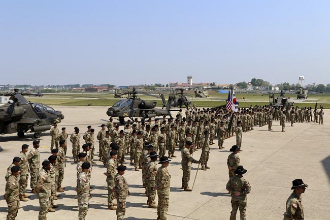 This photo, released by the 2nd Combat Aviation Brigade, shows the U.S. Forces Korea holding a ceremony activating the 5th Squadron, 17th Cavalry Regiment at Camp Humphreys in Pyeongtaek, 70 kilometers south of Seoul, on May 17, 2022