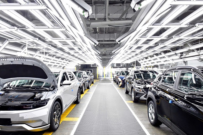 This file photo provided by Hyundai Motor shows the all-electric IONIQ 5 production line at its Ulsan plant.