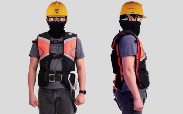 This photo provided by SK shieldus Co.shows the company's wearable airbag.