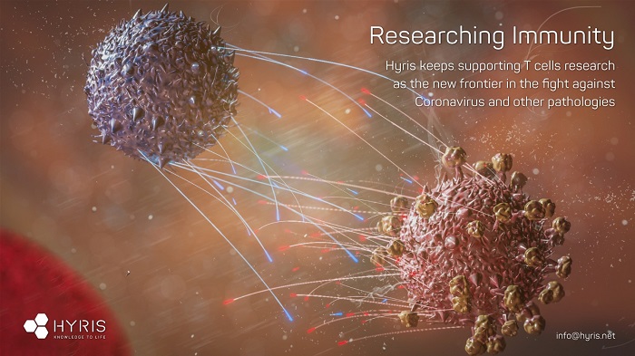 3D rendering of a T-cell attacking a Coronavirus. Hyris is committed to supporting the immunology sector, as the new frontier in the fight against COVID-19 and other pathologies.