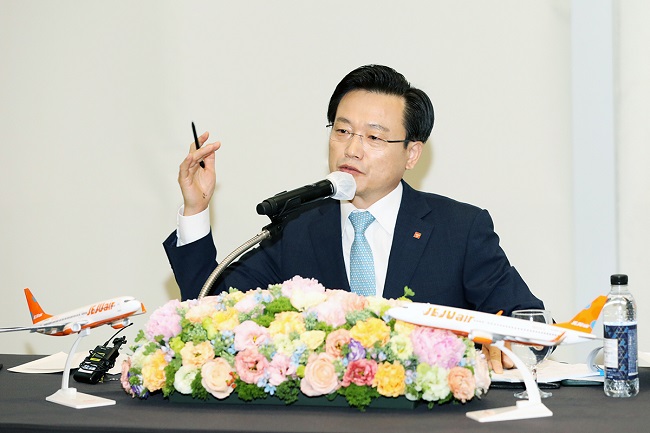 Jeju Air CEO Kim E-bae answers questions from reporters during a Q&A session at Mayfield Hotel in western Seoul on June 7, 2022, in this photo provided by the budget carrier.
