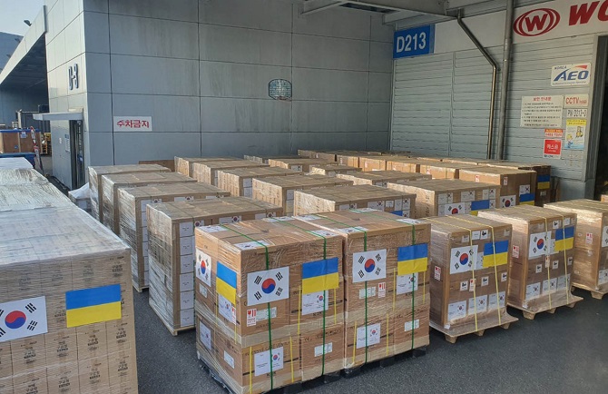 A file photo of boxes of humanitarian aid for Ukraine, provided by South Korea's foreign ministry on April 20, 2022.