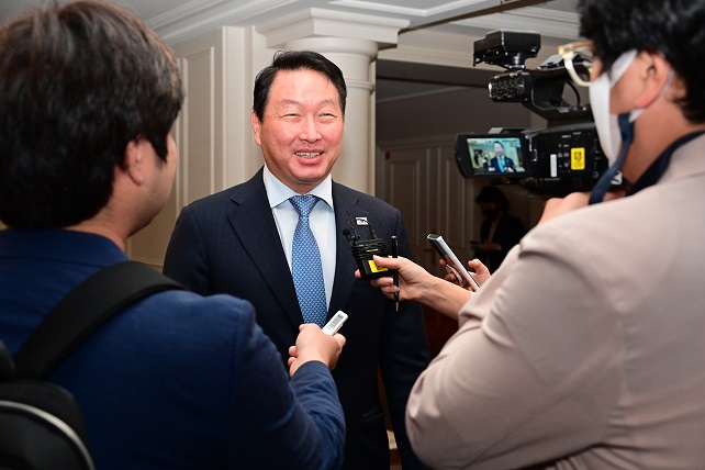 SK Group Chairman Chey Tae-won, who also serves as the chairman of the Korean Chamber of Commerce and Industry, speaks to reporters in Paris on June 20, 2022, in this photo provided by the Prime Minister's Office. Chey visited the city as part of a South Korean delegation campaigning for the 2030 Busan World Expo bid. 