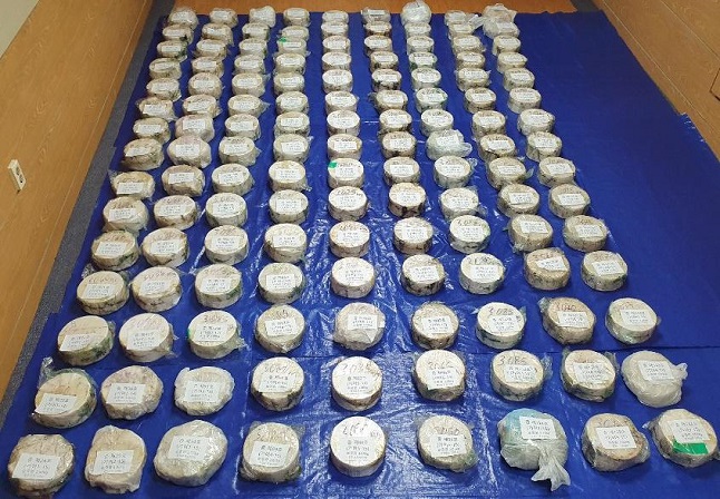 This undated file photo, released by the prosecution on Sept. 1, 2021, shows bags containing 404.23 kilograms of methamphetamine in the southeastern port city of Busan.