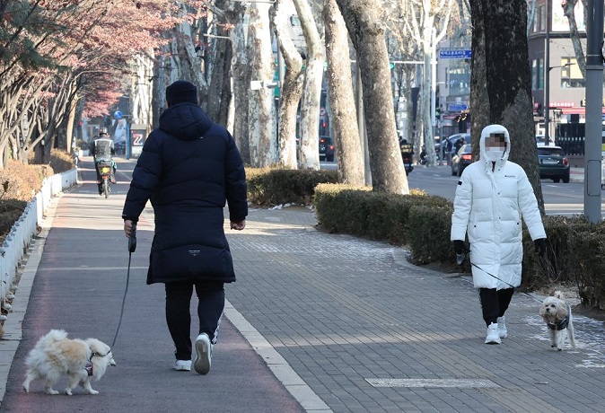 People stroll with their pet dogs at a lake park in Seoul on Jan. 4, 2022. The length of a leash between a pet dog and its owner should be maintained within 2 meters for pedestrian safety starting Feb. 11. (Yonhap)