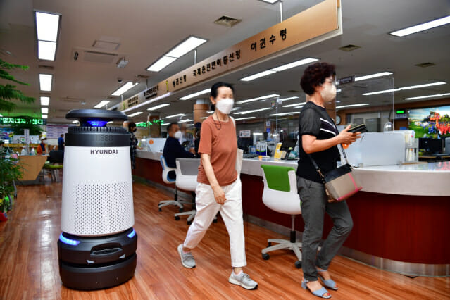 This photo provided by Hyundai Robotics Co. shows the company's disinfection robot.