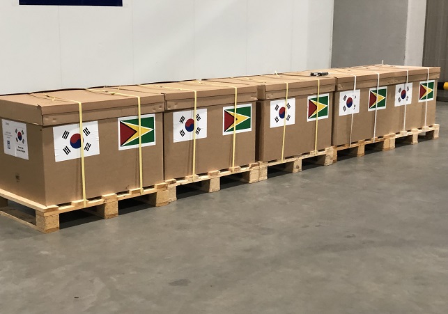 This undated photo, provided by Seoul's foreign ministry on July 4, 2022, shows COVID-19 vaccines to be sent to Guyana. 